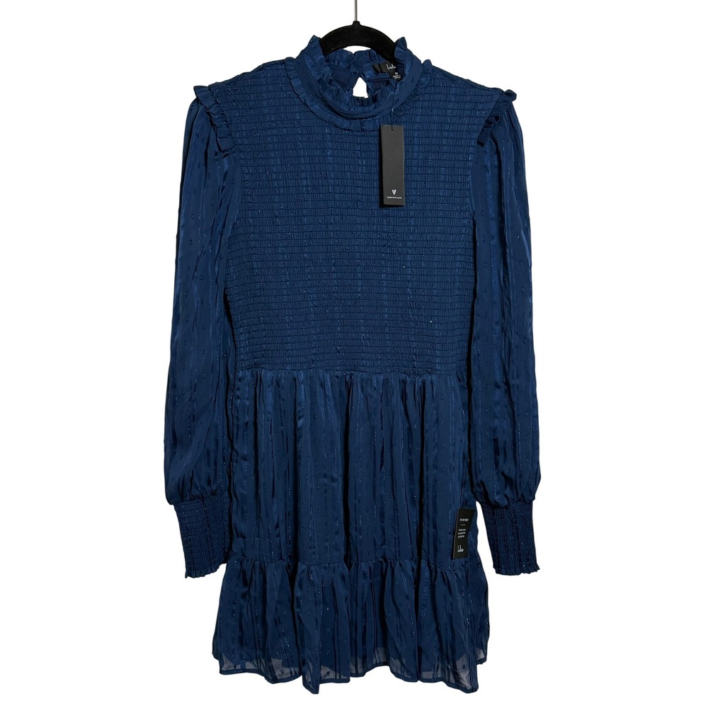 Lulus Heartful Romance Navy Striped Smocked Long Sleeve Mini Dress Size M - Picture 2 of 11